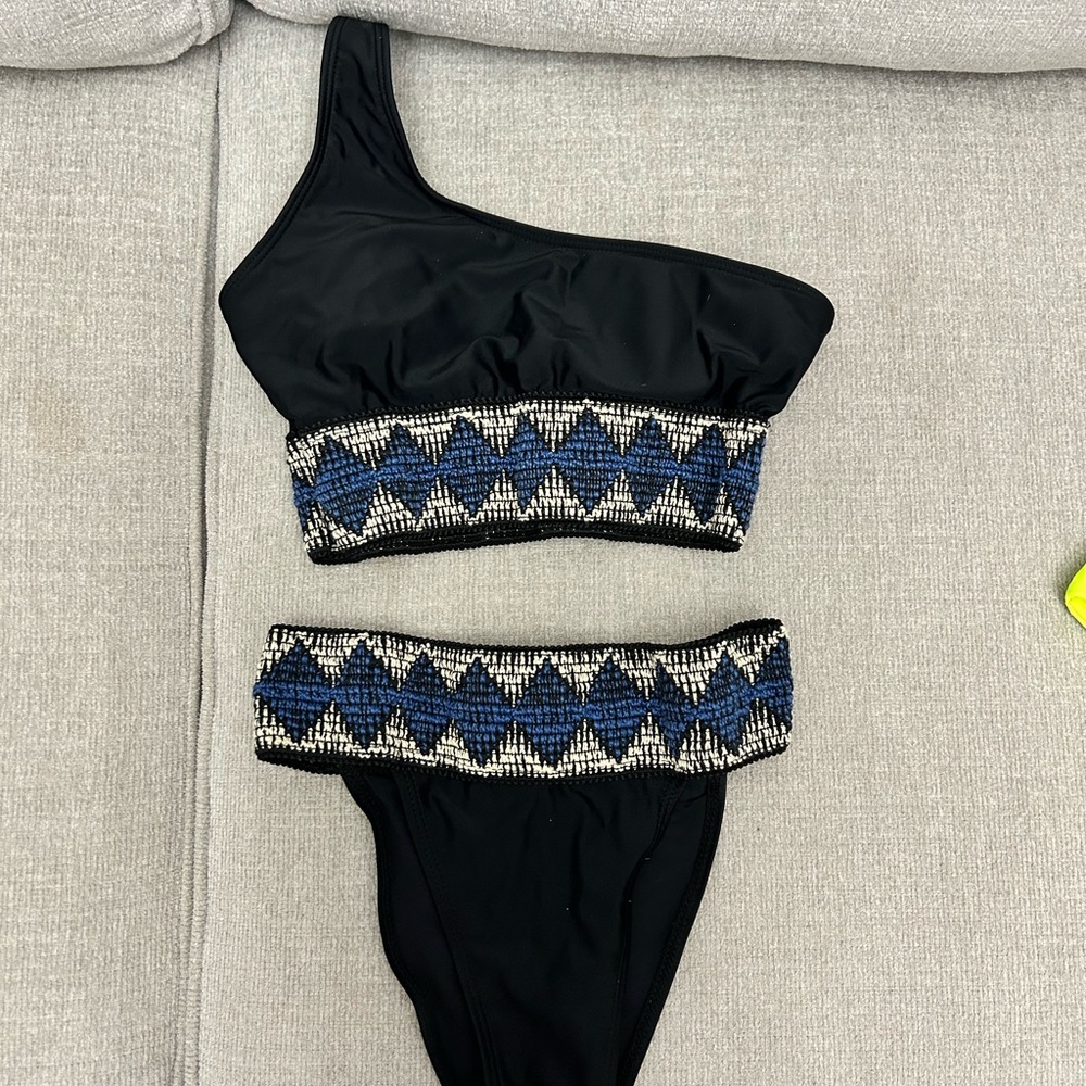 Black One-Shoulder Bikini with Blue Beaded Trim